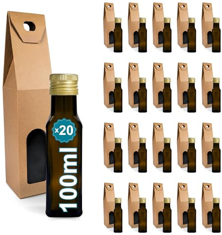 Espirito Rebelde 20 Botellas de Cristal Oscuro 100 ml con Tapón de Rosca Dorado + 20 Cajas – Botellas Pequeñas para Aceite de Oliva, Vinagre, Alcohol, Salsas, Poción Mágica – Muestras