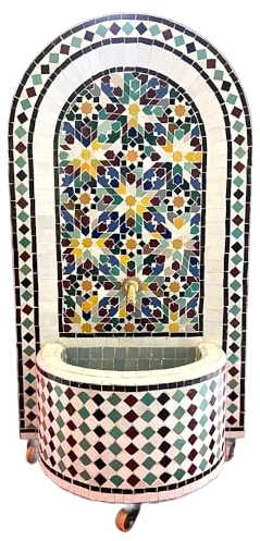 Marrakesch Gartenbrunnen Zimmerbrunnen aus original marokkanische Mosaik 120 cm Gross | Brunnen als Gartendeko Terassendeko & Balkon Deko | Springbrunnen Inkl. Pumpe für entspannenden Wasserfall