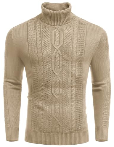 COOFANDY Pull à col roulé pour homme - Manches longues - Coupe ajustée - Pull basique en tricot torsadé, kaki, XL