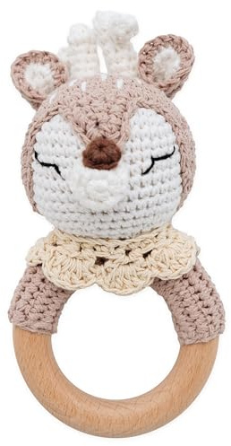 Bärenfreunde® - Personalisierter Beißring Baby - Niedlicher Greifling für Baby's ab 0 Monate - Babyrassel mit Name als Baby Geschenk für Mädchen und Jungen (Reh beige Kragen,ohne Name)