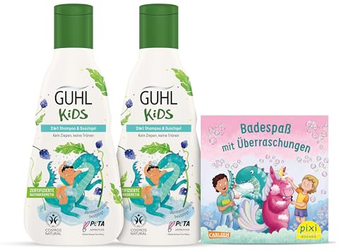Guhl Kids Dino Vorteils-Set - 2x Guhl Kids 2 in 1 Shampoo & Duschgel, 250ml + 1x Pixi Buch - Speziell für Kinder entwickelt - Kein Ziepen - Cosmos Natural zertifiziert