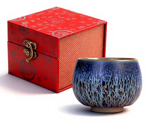 CmengAo Tenmokus Tea Cup, Blue Starry Sky Glaze Jianzhan Ceramic Tea Cup, Unique Chinese Small Kungfu Teacup for Tea, Coffee, Matcha or Everyday Use, Traditional Asian Porcelain Tea Bowl (Arhat)