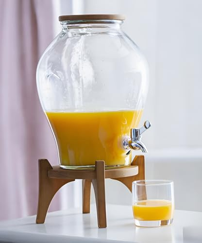 Dekoleidenschaft Getränkespender Fresh aus Glas mit Zapfhahn, ca. 6 Liter mit Ständer & Deckel aus Holz, Saftspender, Limonadenspender, Wasserspender
