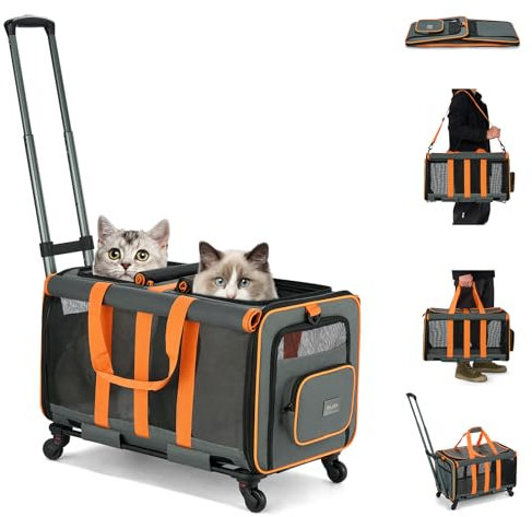MILADA Katzentragetasche weich mit Rollen für 2 Katzen, weiche Katzentrage mit Griff, faltbar, Doppelfach, Rolltasche für Reisen, Hundebox, Wandern, Einkaufen und Camping (nicht für Flugreisen),