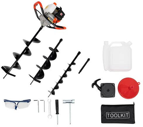 Jordborr bensin jordborr 2-takt 2,3 hk 52 cc bensin, jordhålsborr 1 700 W 8 500 r/min trädgårdsborr bensin 1,2 l bränsletank grävmaskin staketstolpe CDI med 100, 150, 200 mm borr 30 cm