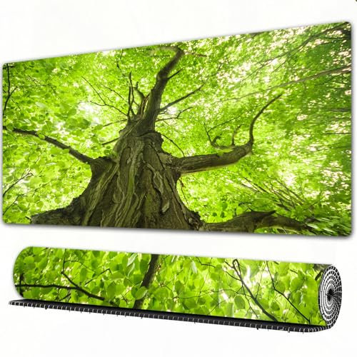 FEHWI 90×40 cm Verlängertes großes Mauspad Schreibtischauflage,Baum, grün, Bauernhof, alt, groß, majestätisch, Baum, Umwelt, ländlich, öko,genähte Kanten Gaming mauspads,rutschfeste Gummibasis