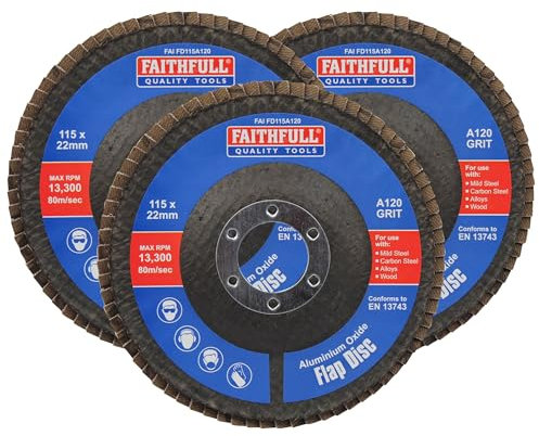 Faithfull FAIFD11512A3 115mm Flap Disc Aluminium Oxide Set - 120 Grit, Angle Grinder Discs for Sanding Steel, Wood, Alloys – 3PCS