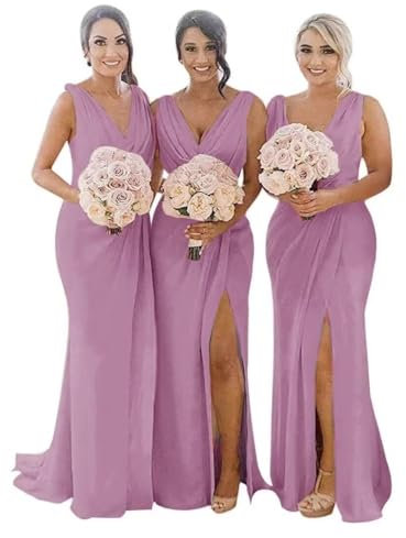 Doppio scollo a V abiti da damigella d'onore da sposa con fessura lungo abito da damigella d'onore in chiffon abiti da sera formale per le donne, Lilla, 46
