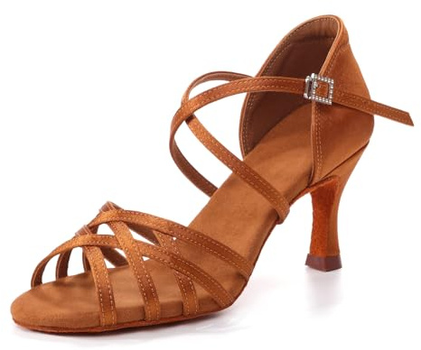 GYUBL Chaussures Danse Latine Femme Professional Performance Satin Salsa Bachata Chaussures de Danse de Salon Talon 7cm Marron EU 38