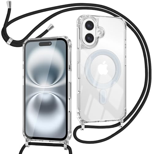 ZYIMOU für iPhone 16 Hülle mit Band Kompatibel mit MagSafe, Transparent Magnetische Handyhülle mit Kordel zum Umhängen Handyband Stossfest Schutzhülle，Kette Schwarz