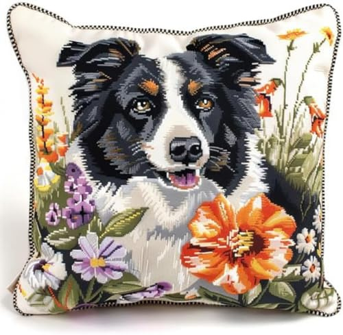 Kitquiver Hund Und Blumen Knüpfkissen Mit Vordruck Border Collie Tier Knüpfkissen-Sets,Grobes Kreuzstich-Set,Diy-Stickerei-Nadelspitzen-Kit Für Heimdekoration 17x17in