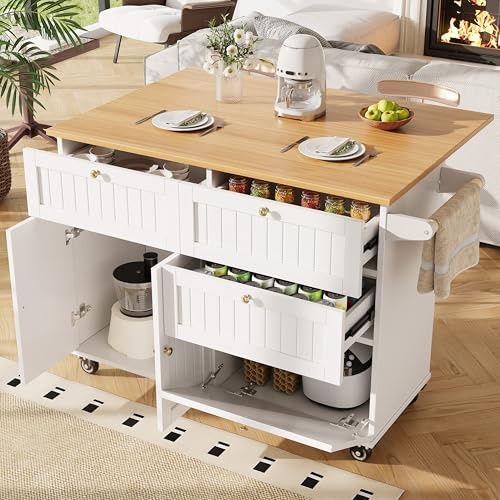 LAKFEW Isla Cocina con Ruedas y Encimera Plegable, Armario Cocina con 3 Cajones y 2 Puertas, Aparador Cocina con Espacio de Almacenamiento y Toallero, 120.8x37.3(70) x88 cm, Blanco