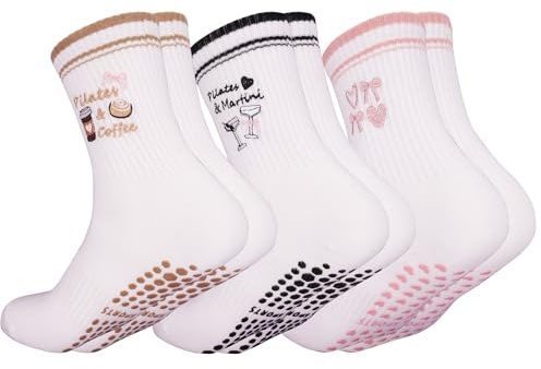Kaempe Pilates Socken, Rutschfeste Socken Damen Mit Noppen, 3 Paar Stoppersocken Damen, Yoga Socken Mit Süßen Mustern, Antirutschsocken, Sportsocken Für Yoga, Ballett, Fitness (Nachmittagstee)