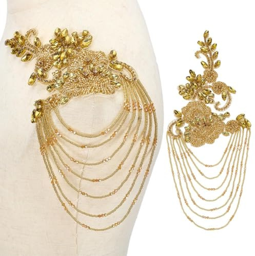 FINGERINSPIRE 1 Paar Strass Applikationen Mit Perlen Verzierung Für Kleidung Goldene Epauletten Schulterflicken Nähen von Strass Perlen Quasten Applikation Für Hochzeitskleid DIY Zubehör