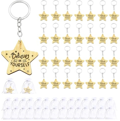 Werownsgso 30PCS Leaver Star Keyring With Storage Bag Wooden Star Medallion Incentive Gift Set Personalized Keychain End Of Semester Graduation Gift End Of Semester Class Gift For Children
