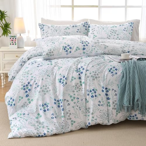 MUXHOMO Blue Flower Bed in a Bag King 7 Pieces, King Comforter Set Reversible Botanical Flowers Design, Ultra Soft & Breathable Bedding Sets with Comforter, Sheets, Pillowcases & Shams
