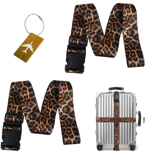 Koffergurte 2 Stück Leopardenmuster Koffergurt, Kofferband Auffällig Mit Gepäckanhänger Verstellbare Für Koffer 20-32 Zoll, Snap-on Reise Gepäckschutz Kofferbänder, Koffer Zubehör Luggage Accessories