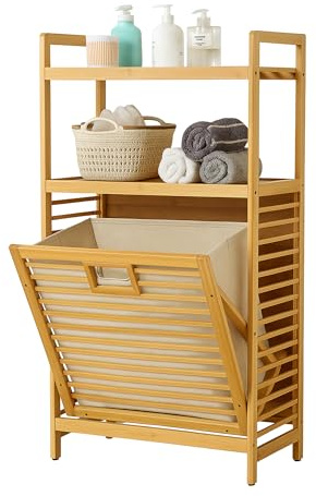 MumaHome Mobile Bagno Salvaspazio in Bambù con Portabiancheria | Scaffale con Cesto Estraibile| 3 Ripiani e Portasciugamani| Ideale per Bagno e Lavanderia| 40x30x95 cm