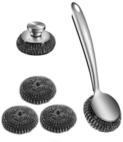 Ullskrubberset rostfritt stål, rostfritt stål grytrengörare tvättborste med ulldynor i stål för rengöring av kökskrukor stekpannor grillar handfat (silver 5 st)