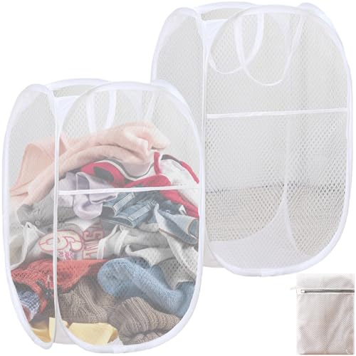 ZenyTra 2 Stück Faltbare Wäschekörbe (36x36x58 cm) + 1 Wäschesack (30x40 cm) – Weiße Pop-Up Wäschekörbe aus Mesh, Atmungsaktiver Wäschesammler für Schlafzimmer, Bad, Camping und Reisen