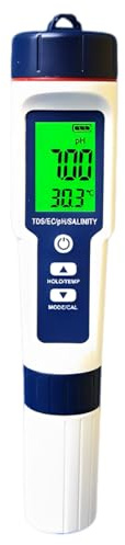 yeeplant 5-i-1 vattenkvalitetstestare, digital PH-mätare och salthetstestare, TDS-TEMP-mätare med stor LCD, ±0,05 pH hög precision, kalibreringspulver ingår