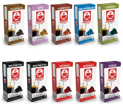 Bonini Coffee Pods, Nespresso Compatible 10 Variety Packs, Blends Inc. Decaf, Ristretto, Intenso, Classico, Lungo, Forte, Corposo, Carioca. Pack 10 (Total 100 Pods)