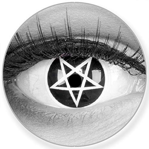 Funnylens Farbige Kontaktlinsen Pentagramm schwarz weiss Stern + Behälter - 2er Pack 12 Monatslinsen weich Motivlinsen ohne Stärke gratis Behälter - perfekt zu Halloween, Karneval, Fasching, Fastnacht
