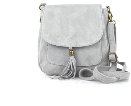 Made in Italy Damen Leder Tasche Messenger Bag Henkeltasche Wildleder Handtasche Umhängetasche Ledertasche Schultertasche Beuteltasche Fransen Cross-Over HellGrau