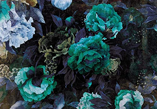 Forwall Fototapete Blumen Retro türkis Pfingstrosen Vintage Dunkel Wohnzimmer Schlafzimmer Vlies Tapete Wandtapete UV-Beständig Hohe Auflösung Montagefertig (13532, VEXXXL (416x254 cm) 4 Bahnen)