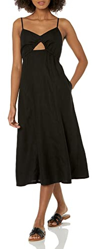 The Drop Vestido midi Maci para mujer, espalda fruncida, detalle cut-out, escote de pico y tirantes, negro, L
