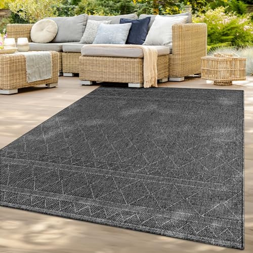 TT Home In-& Outdoor Teppich Wetterfest Balkon Küche Wohnzimmer Boho Rauten Design, Farbe: Dunkelgrau 2, Größe:120 cm Rund