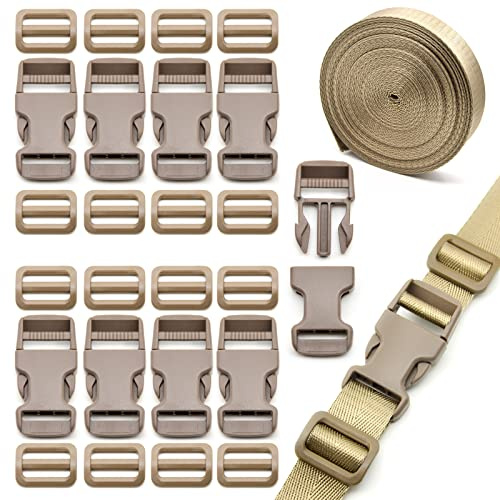 Eviznbou 10 Yards Gurtband 25mm Nylon Gurtband mit 10 Paar Kunststoff Schnallen, 20 Tri-Glide-Schieber für Rucksack Gepäckgurten Tasche Hundehalsband Rucksackersatz