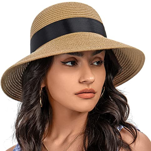 Sombreros de Paja para Mujer, Aleros Anchos, Aombreros de Playa Plegables, Sombreros Solares para Muje UV 50+ Sombreros de Verano Protección, Sombreros de Lazo (Caqui)