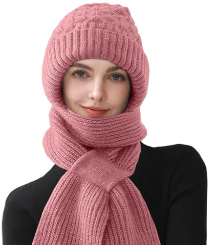 CheChury Strickmützen Damen Mützenschal Winter Integrierter Gehörschutz Winddichte Mütze Schal 2 in 1 Wintermützen und Schal Damen Kapuzenschal Frauen Winter Winterschal Warme Mütze mit Fleecefutter