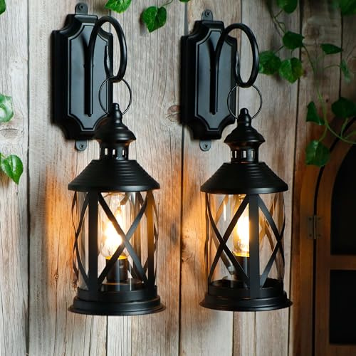 TRIROCKS Set med 2 batteridrivna hängande lykta för utomhusbruk 26 cm hög dekorativ vägglampa lampetter LED Edison bord lampor med krok för heminredning, bröllopsfester inomhus utomhus (svart)