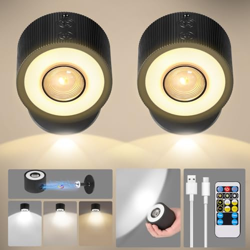 milfra 2 Pezzi Luci da Parete a Batteria, Applique da Parete per Interni con 3 Modalità di Colore, 4 Livelli di Luminosità, Rotazione di 360°, Controllo Tattile, Lampada da Muro per Lettura