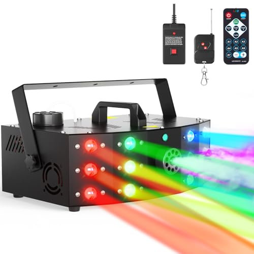 Hakuta Fog Machine,Smoke Machine with 12 LED Colorful Beam Light DMX Light Control & Manual Control & Wireless Remote Perfect for Indoor Outdoor Wedding, Halloween, Party and Stage Effect