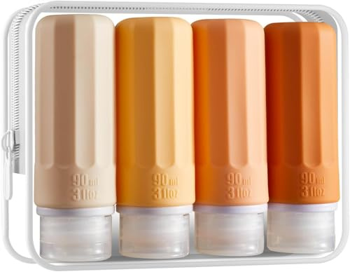 INSFIT Set of 4 Silicone Travel Bottles Set, FDA Approved 90 ml Travel Size Containers, BPA-Free, Leak-Proof, Squeezable Silicone Tubes for Shampoo, Conditioner, Lotion, Shower Gel with Labels