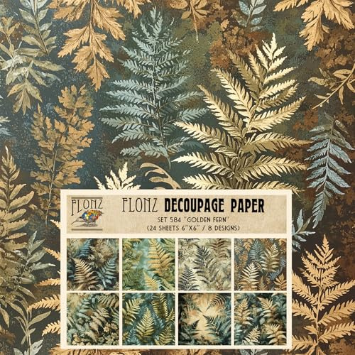 Decoupage Paper Pack (24 Sheets 6x6) Golden Fern: Rustic Forest Ferns in Autumn Tones for Naturalistic Craft Inspirations # Vintage Styled Paper for Craft and Scrapbooking
