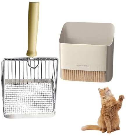 Katzenklo Set mit Metall-Katzenklo Schaufel, Aufbewahrungshalter und Reinigungsbesen - 3-teiliges Edelstahl Set mit Siebfunktion, Ergonomischem Griff und Staubschaufel für Katzenstreu Reinigung