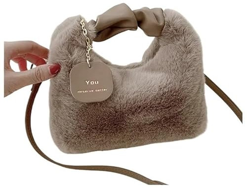 LVCHAO Plüschtasche Damen-Handtaschen aus Kunstfell und Plüsch, gerüschter Griff, kleine Damen-Schulter-Umhängetasche, lässige Tragetasche Crossbody Bag(Brown)