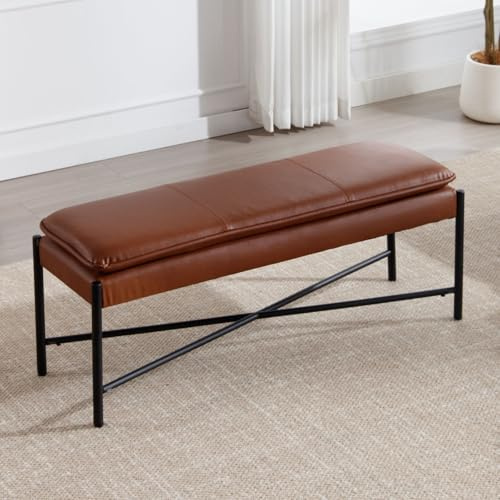 Ya-Home Sitzbank aus PU Leder Polsterbank für Eingangsbereich gepolsterte Schlafzimmerbank mit Metallgestell Bettbank in modernen Stil, Braun