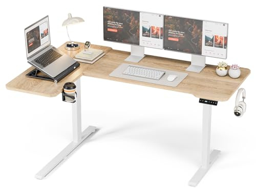 Acrolix Eckschreibtisch Höhenverstellbarer Schreibtisch L Form,150 X 100 cm Elektrischer Höhenverstellbar Ergonomischer Schreibtisch L mit Getränkehaltern und Haken Stabiles Bürotisch, Hellbraun