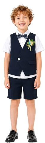 LOLANTA 6-Piece Boy's Summer Short Waistcoat Suit, Irregular Single-Button Vest, Shirt, Shorts, Bow Tie, Suspenders, Boutonniere, 4-11 Years