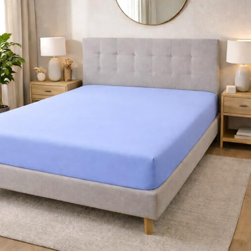 Lenzuolo Sotto con Angoli Matrimoniale 180x200 cm, Altezza 25 cm - 100% Cotone - Morbido, Traspirante (Azzurro, Matrimoniale)