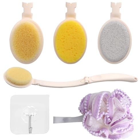 VOSSOT 3-en-1 Cepillo Espalda Ducha con Mango Largo, con Esponja Ducha y Gancho de Pared, Cepillo Ducha Espalda Plegable Aplicador Crema Espalda y Pies, Esponja Espalda Set de Cuidado Corporal