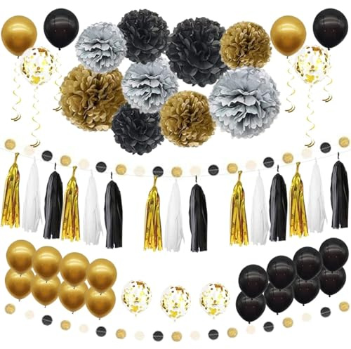 Lyivisk 57 Stück Schwarz Gold Silber Party Dekoration Set mit Girlanden Pompoms Quasten Spiralgirlanden für Hochzeit Geburtstag Karneval Neujahr