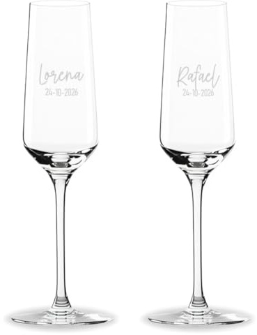 DEREGALOOS Copa de Cava Personalizada. Copas de Champagne de Cristal Templado. Pack de 1 o 2. Estuche de Regalo. Regalo para Parejas Bodas Aniversarios Celebraciones (2 Copas)