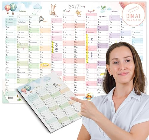TOBJA® Wandkalender 2027 A1 Tierwelt – Großer Jahreskalender mit süßen Aquarell-Tieren, Ferienkalender DE & große Felder zum Eintragen | Jahresplaner Wand XXL