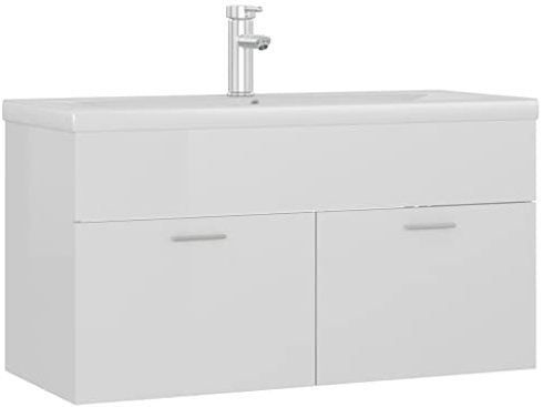 GeenYuu Tvättställsskåp med inbyggt handfat högglans vit av trämaterial 90 x 38,5 x 46 cm med förvaringsutrymme, push-open avloppsarmatur, vattenkran